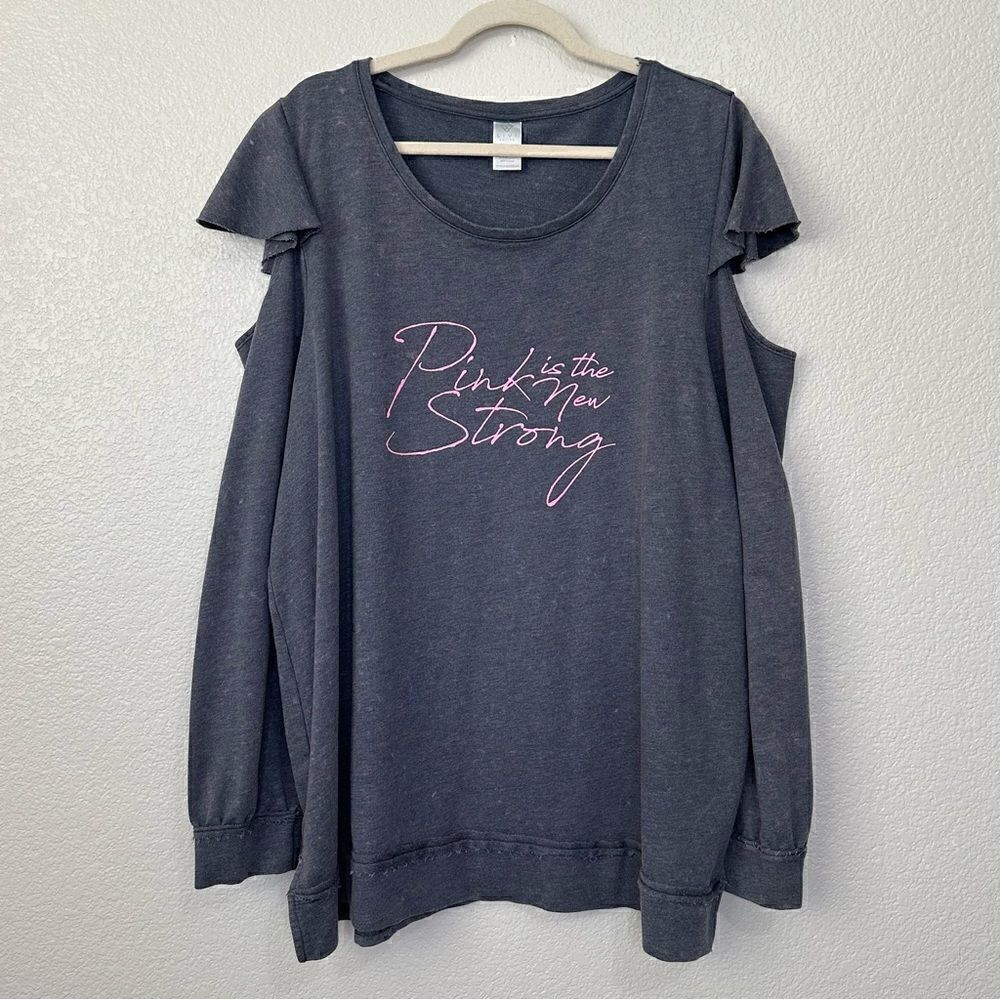 Livi Active “Pink is the New Strong” Gray Cold Shoulder Sweatshirt, Size 18/20